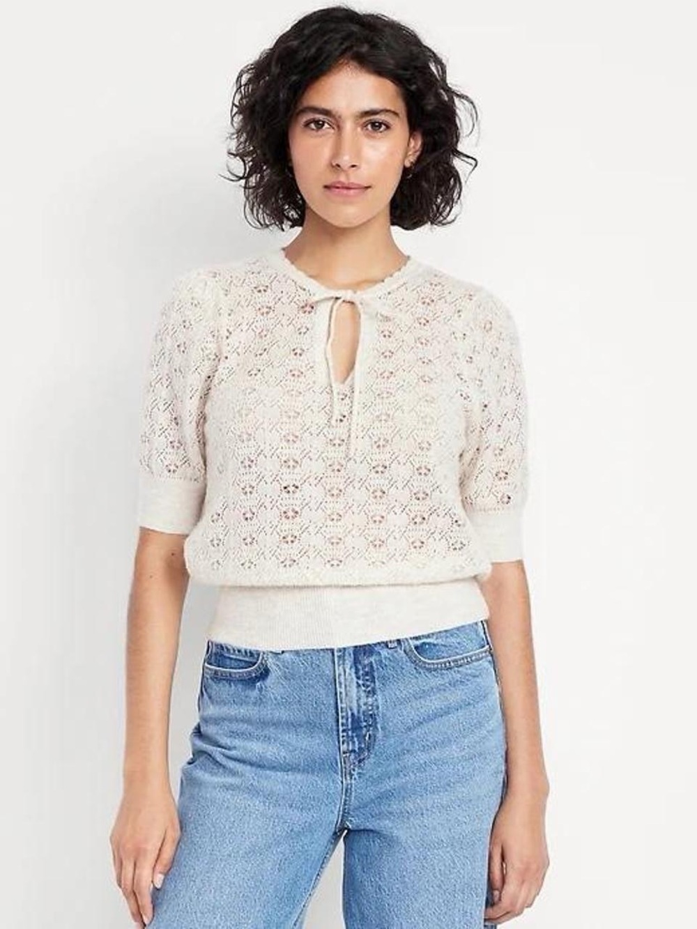 Old Navy Wool-Blend Puff Sleeve Tie Neck Sweater w Keyhole Detail Sz M
